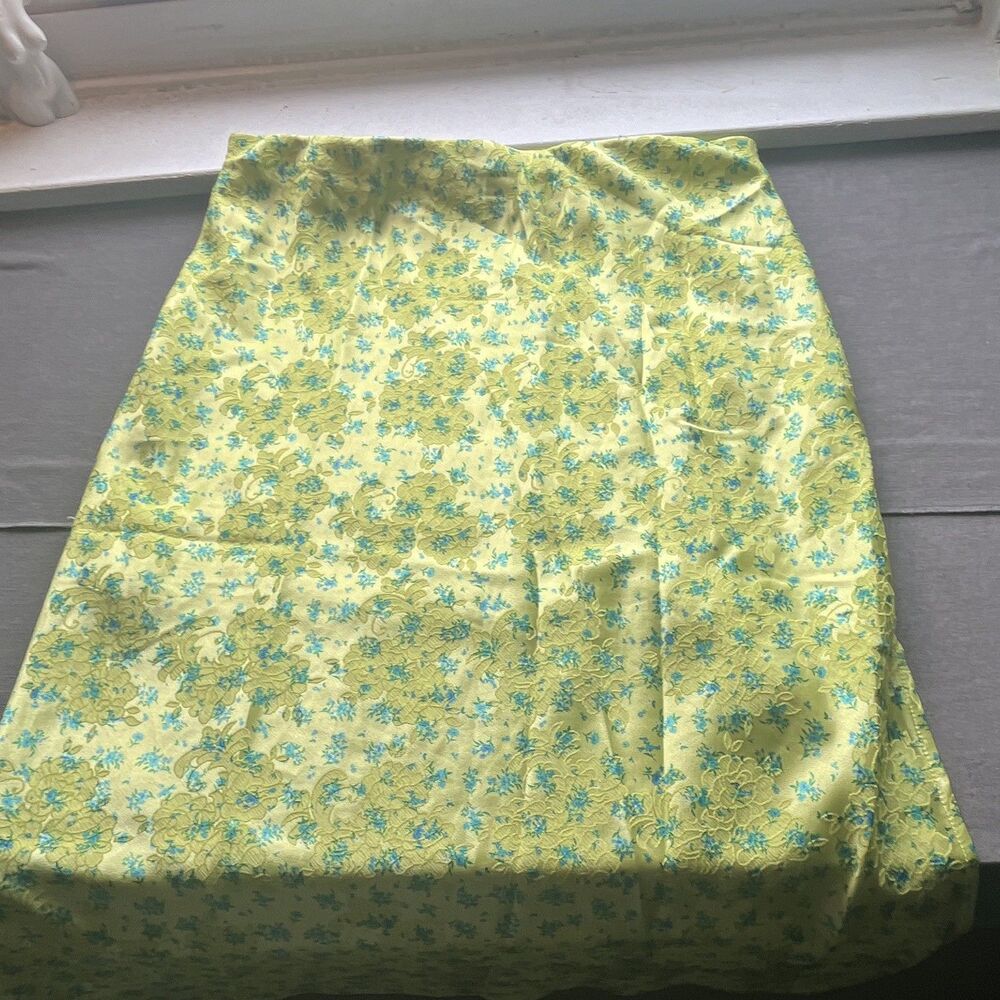 Wild Fable Women's L Yellow Blue Green Floral jacquard Midi Skirt Lined Zip/slit